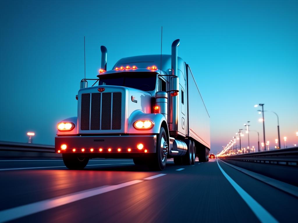 Modern heavy-duty transport truck on a Detroit highway at dusk